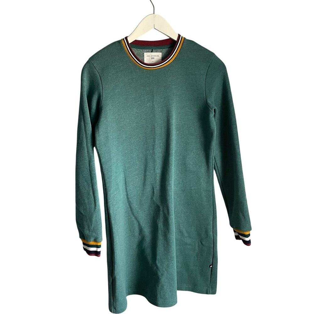 Sol Angeles Teal Sweater Dress Cozy Terry Crewneck Preppy Classic Size Small